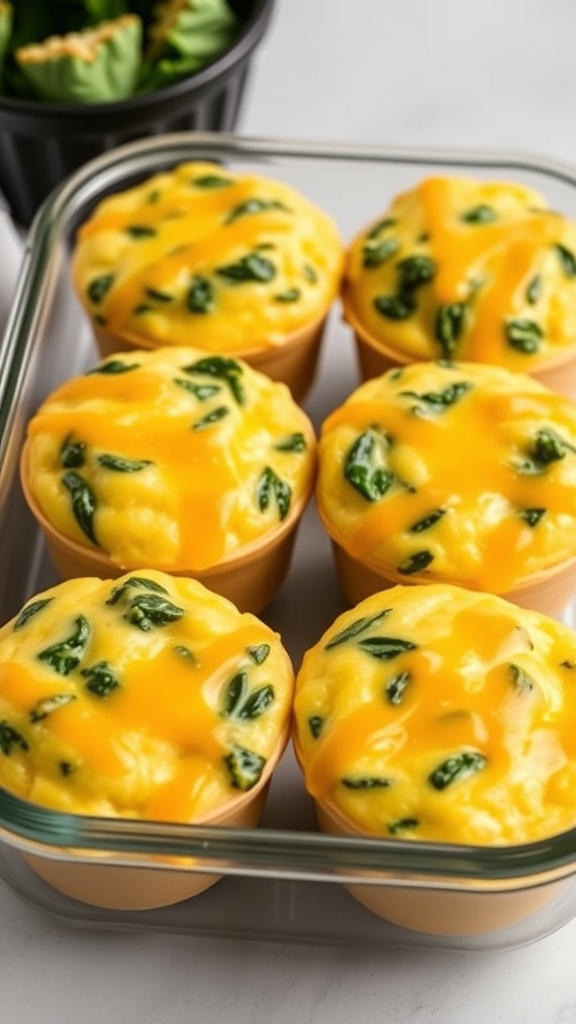 Egg muffins with spinach and cheese in a glass container