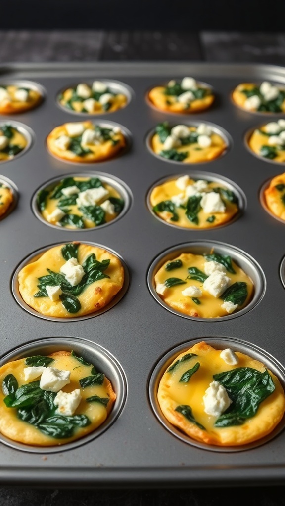 A muffin tin filled with egg muffins containing spinach and feta cheese.