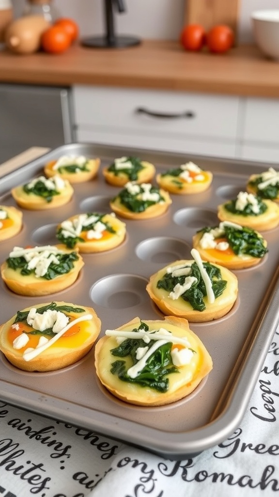 A tray of egg muffins with spinach and feta, ready to eat.