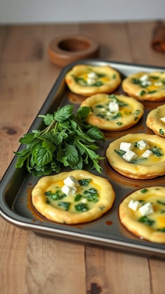 A tray of egg muffins with spinach and feta, garnished with fresh herbs.