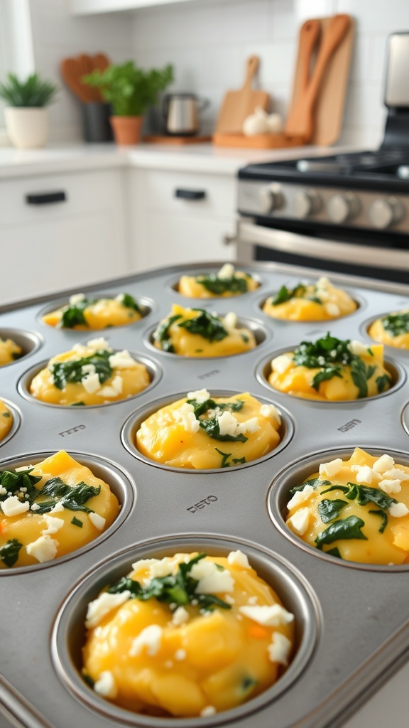 A muffin tin filled with egg muffins containing spinach and feta cheese.