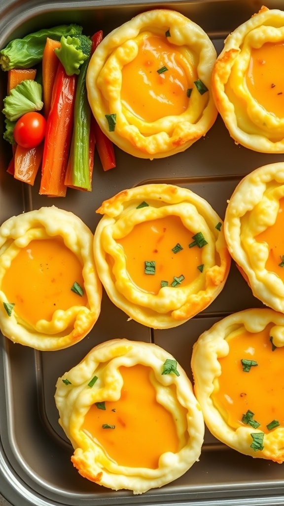 A tray of egg muffins with colorful veggies on the side.