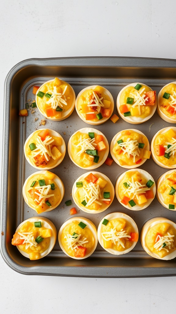 A tray of colorful egg muffins with veggies, ready for meal prep.
