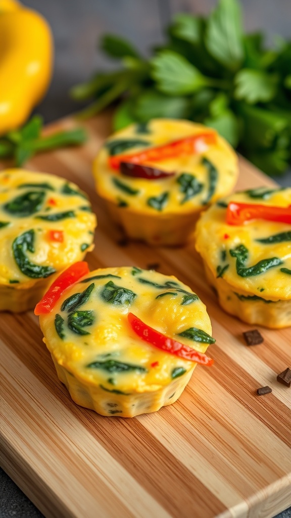 Colorful egg muffins with spinach and bell peppers on a wooden cutting board