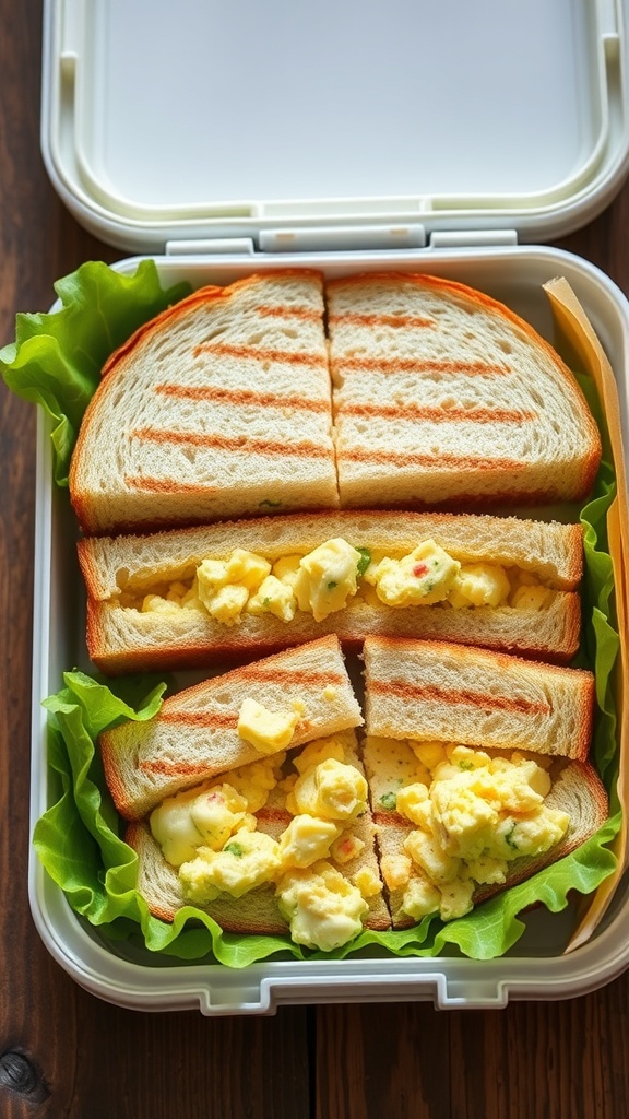 A lunchbox containing egg salad sandwiches with lettuce.
