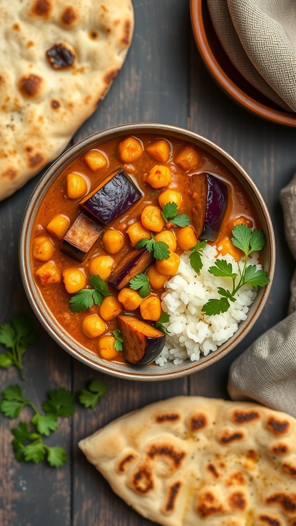 A bowl of eggplant and chickpea curry served with rice and naan bread.