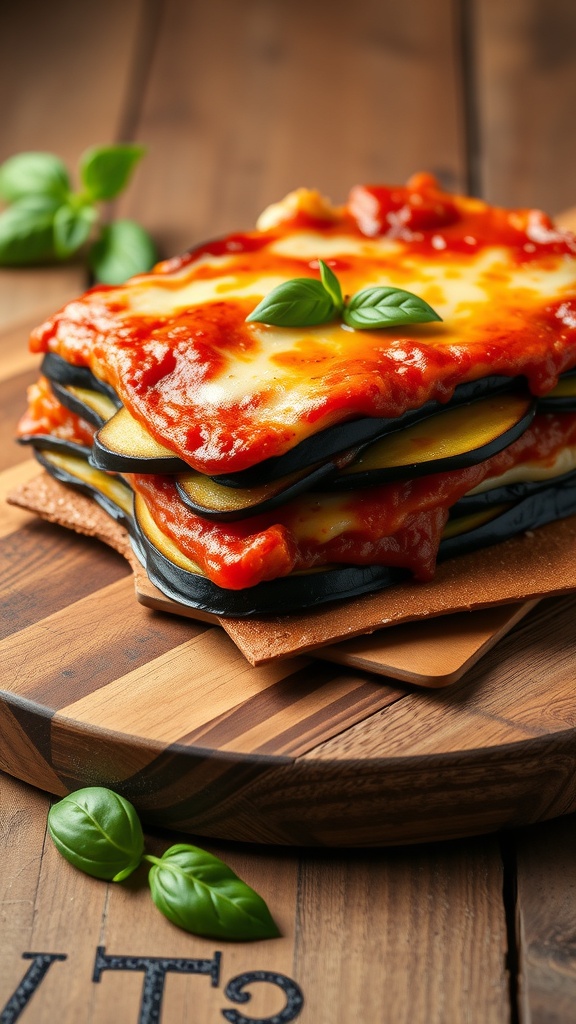 A delicious serving of eggplant lasagna with layers of cheese and marinara sauce, garnished with fresh basil.