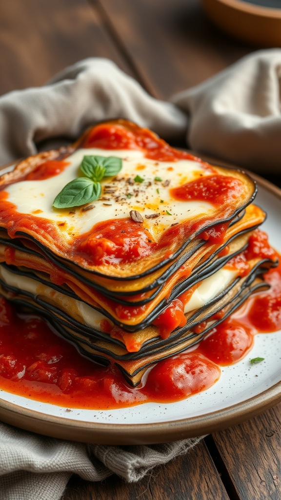A plate of eggplant lasagna with ricotta, topped with marinara sauce and fresh basil.