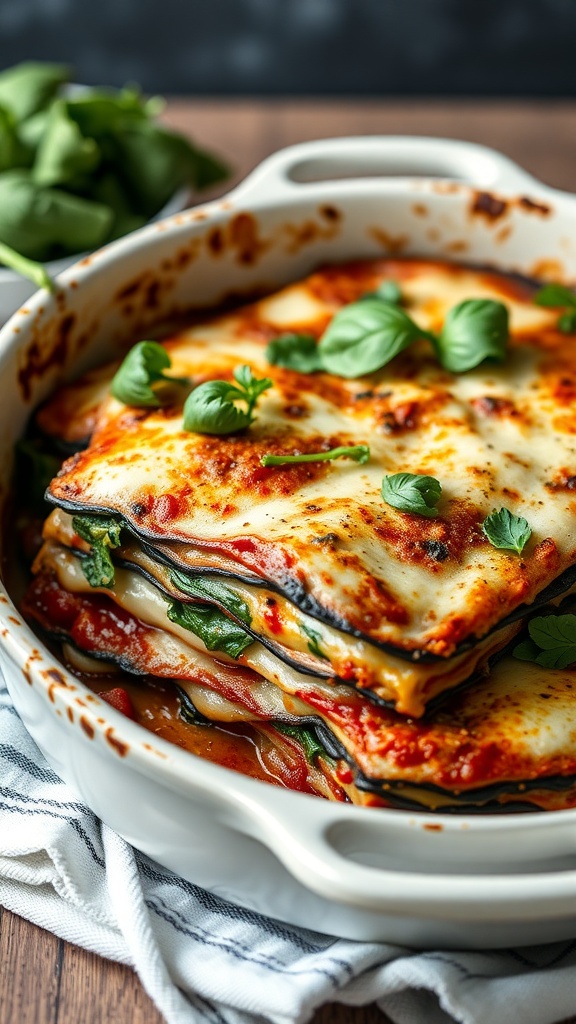 A delicious eggplant lasagna with layers of spinach and ricotta, topped with melted cheese and fresh basil leaves.