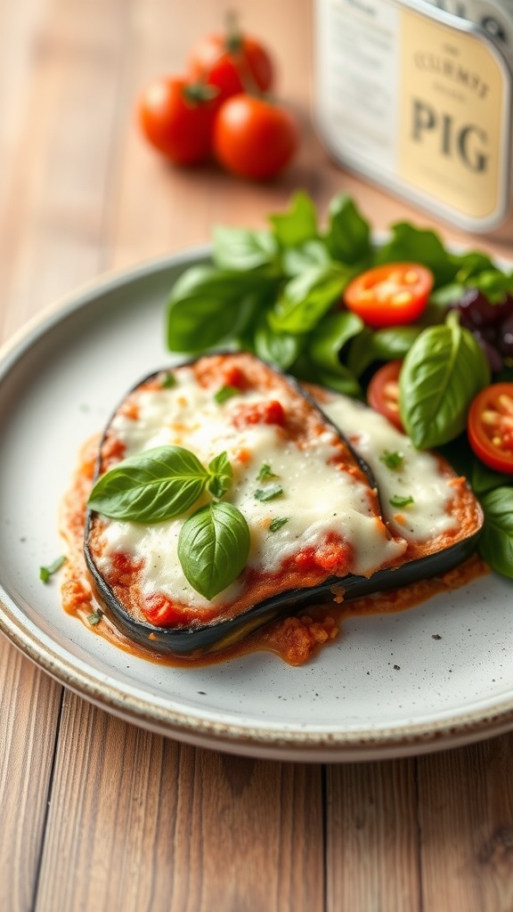 A plate of eggplant parmesan with a side salad, featuring fresh basil and cherry tomatoes.