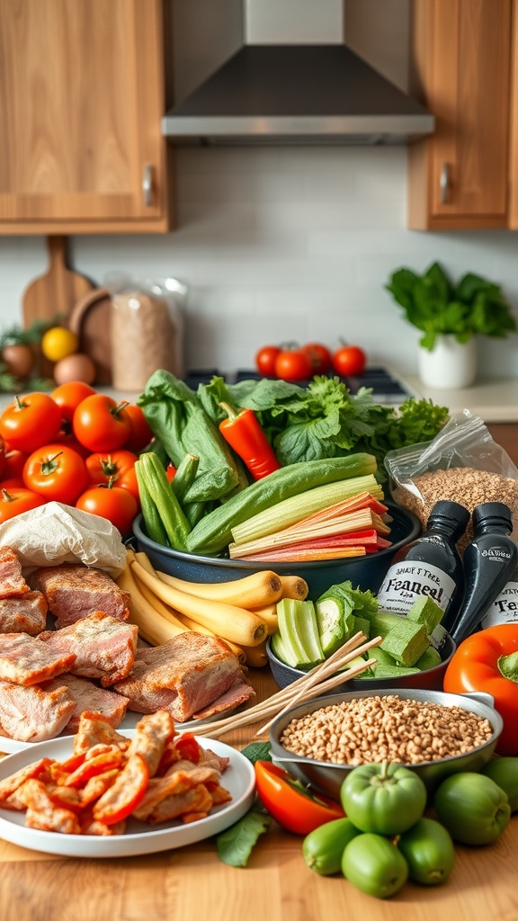 A colorful array of fresh vegetables, lean meats, and grains for meal prep.