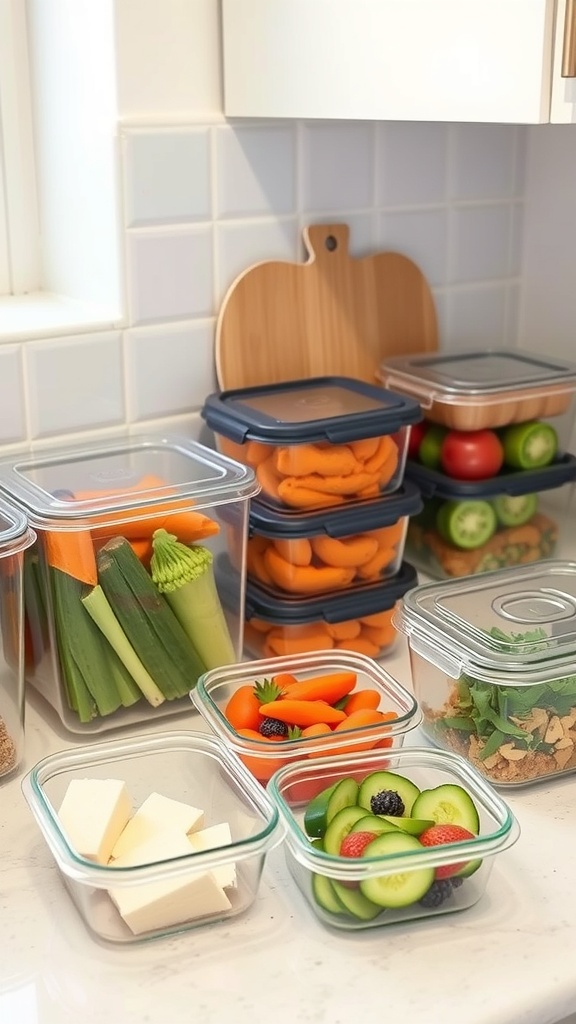A variety of meal prep containers filled with fresh vegetables, fruits, and snacks on a kitchen counter.