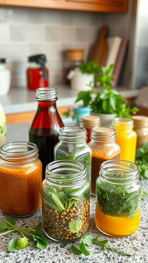 A variety of jars filled with colorful dressings and sauces on a kitchen counter.