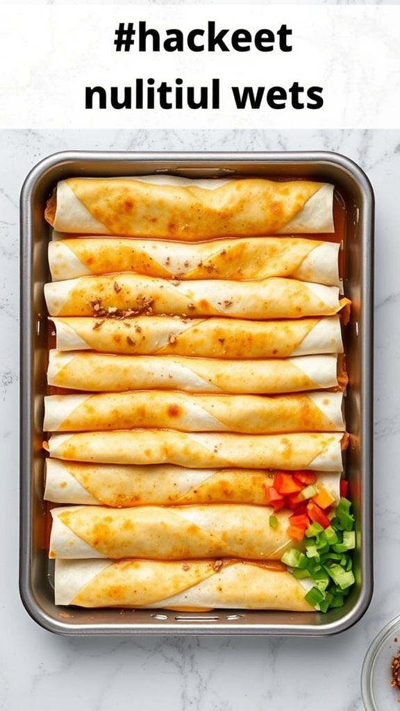 A tray of chicken enchiladas topped with sauce and cheese, ready to be baked.