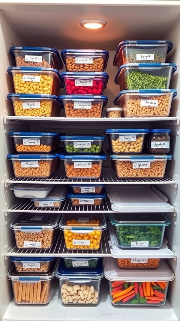 An organized freezer with labeled containers filled with various ingredients for meal prep.