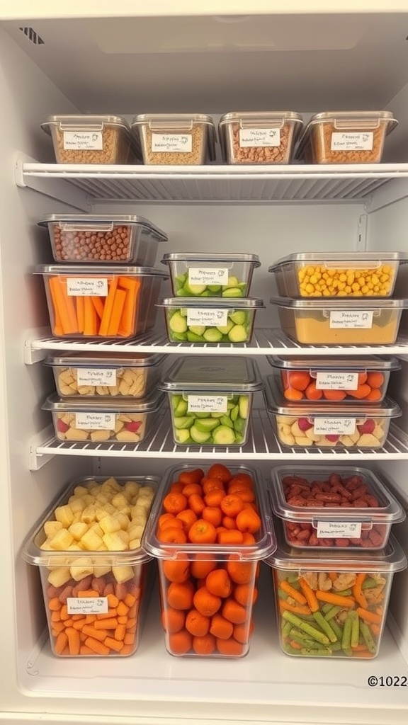A well-organized freezer filled with colorful containers of fruits and vegetables.