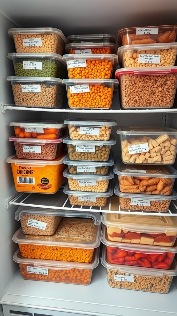 Organized freezer with labeled containers filled with various ingredients for meal prep.