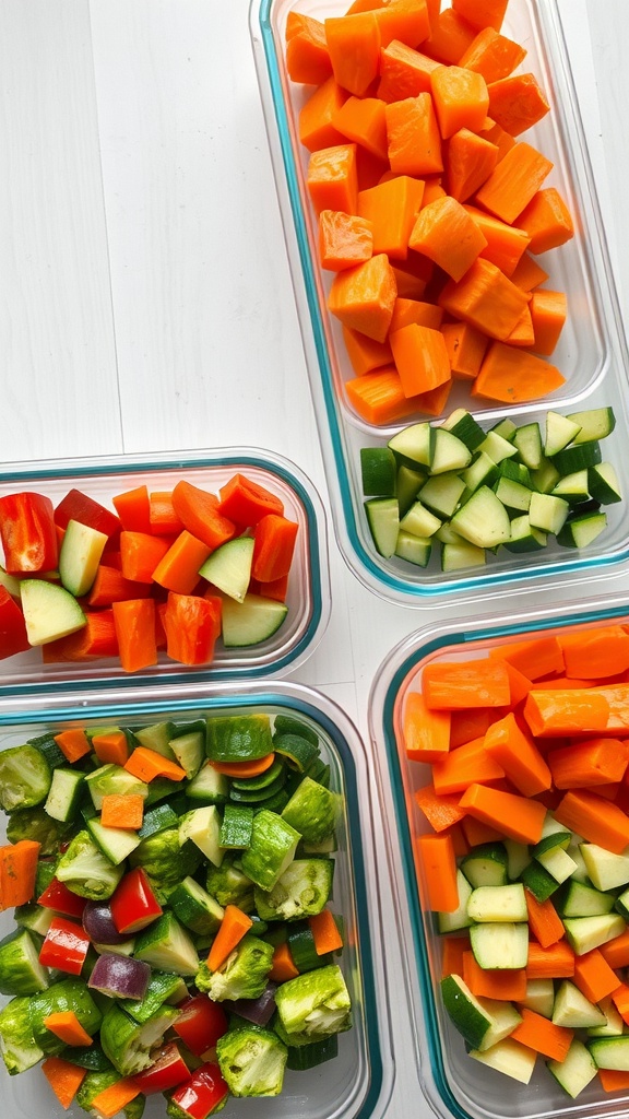 Containers of chopped vegetables including carrots, bell peppers, and zucchini for meal prep.