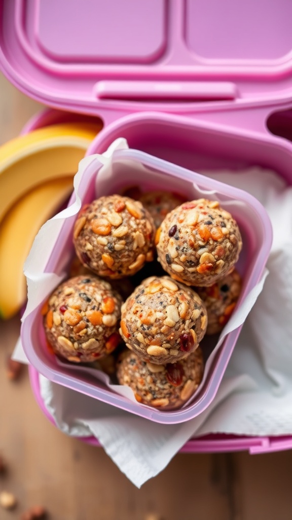 A colorful lunchbox filled with fruit and nut energy bites, showcasing their texture and variety.