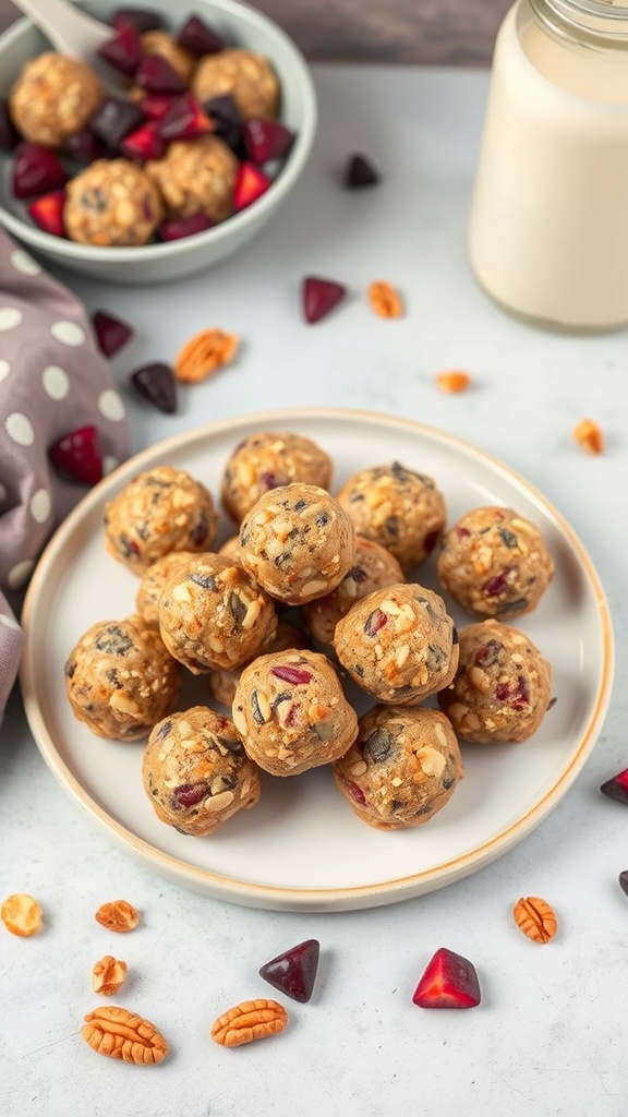 A plate of fruit and nut energy bites, surrounded by nuts and dried fruits.