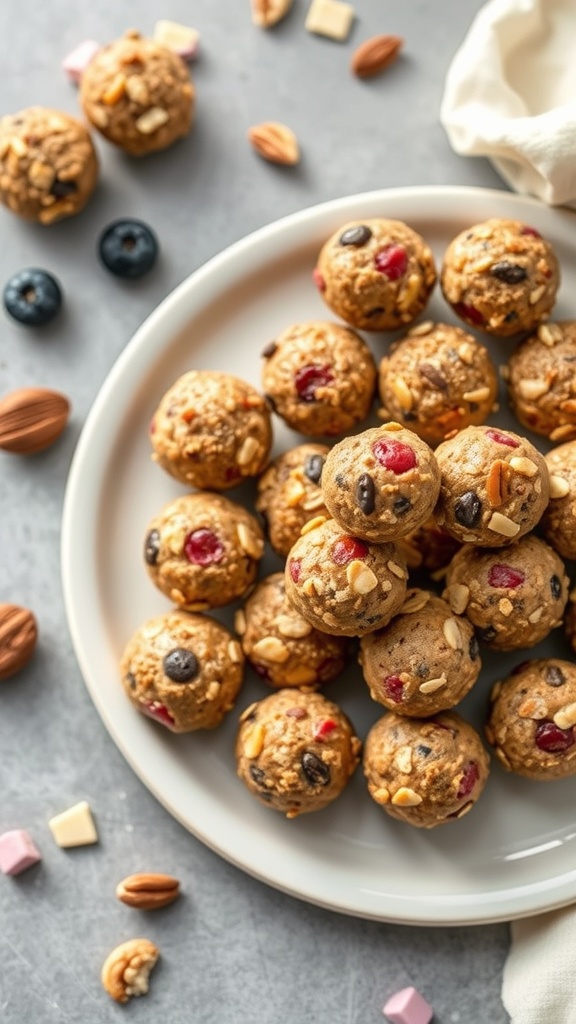 A plate of colorful fruit and nut energy bites, surrounded by nuts and chocolate pieces.