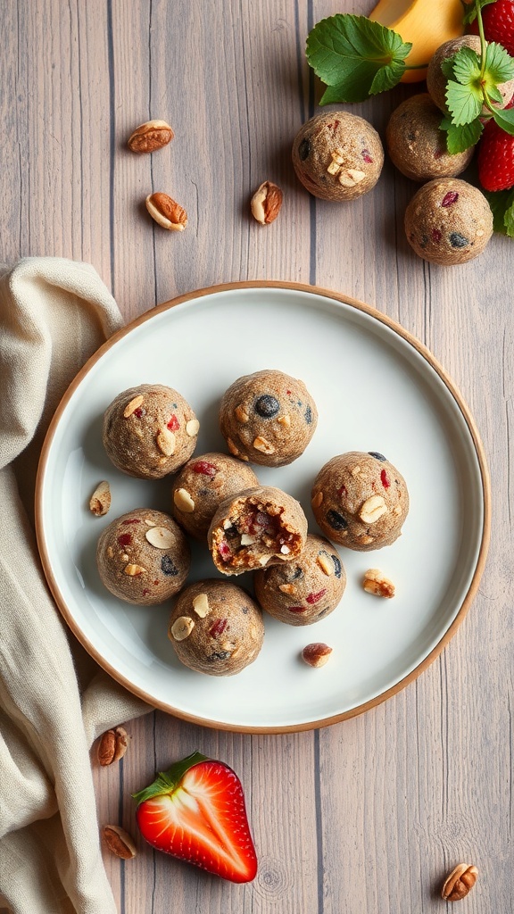 A plate of fruit and nut energy bites with a strawberry and nuts on the side.