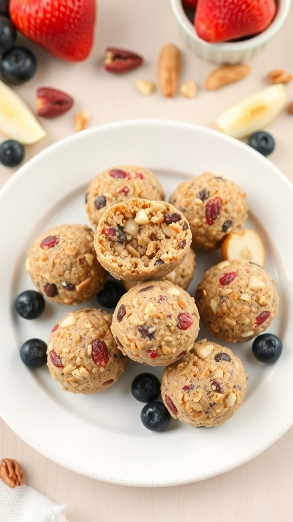 A plate of fruit and nut energy bites surrounded by fresh fruits and nuts.