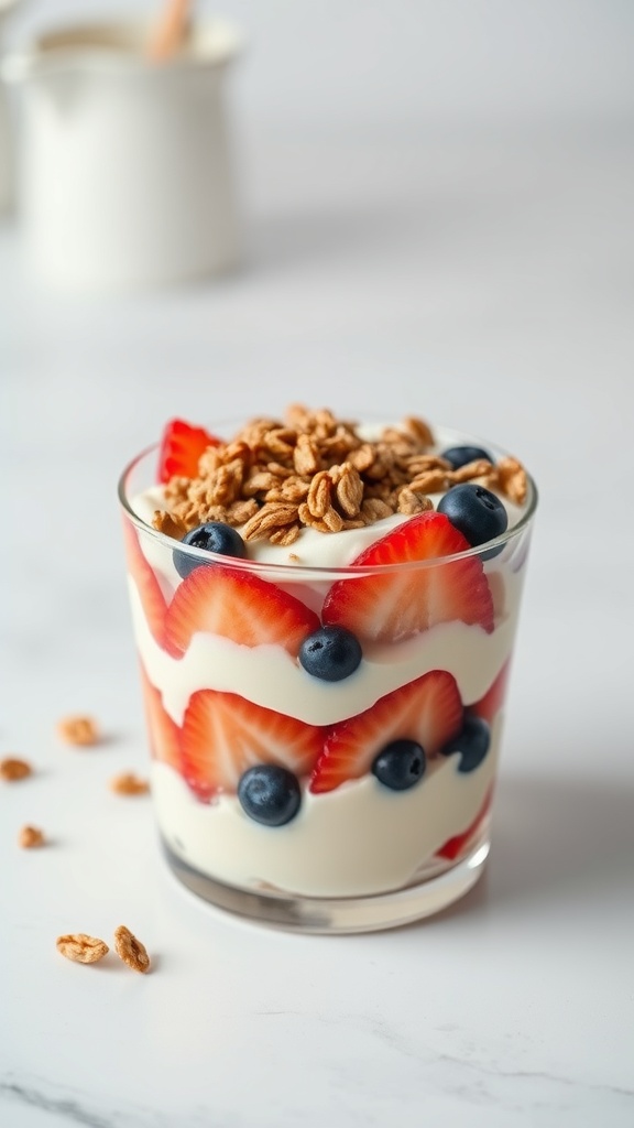A fruit and yogurt parfait with layers of yogurt, strawberries, blueberries, and granola.