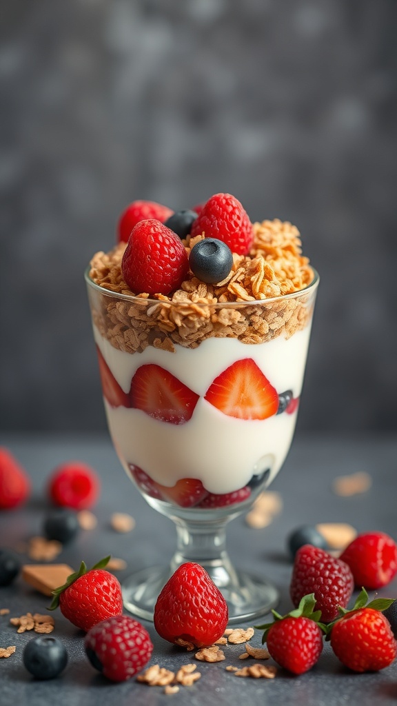 A delicious fruit and yogurt parfait with layers of yogurt, strawberries, blueberries, and granola.