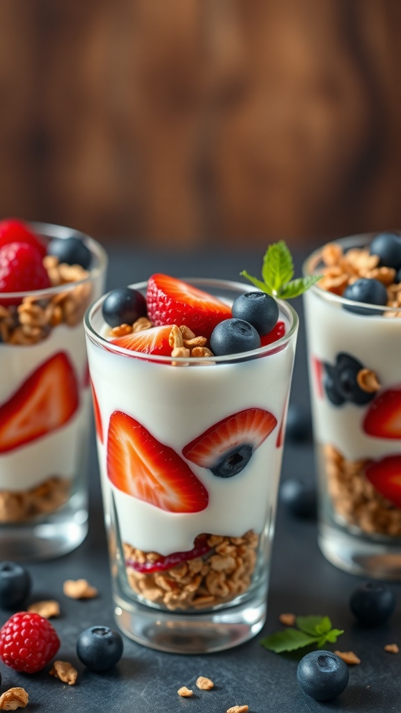 Three fruit and yogurt parfaits in glasses, layered with yogurt, granola, and fresh berries.