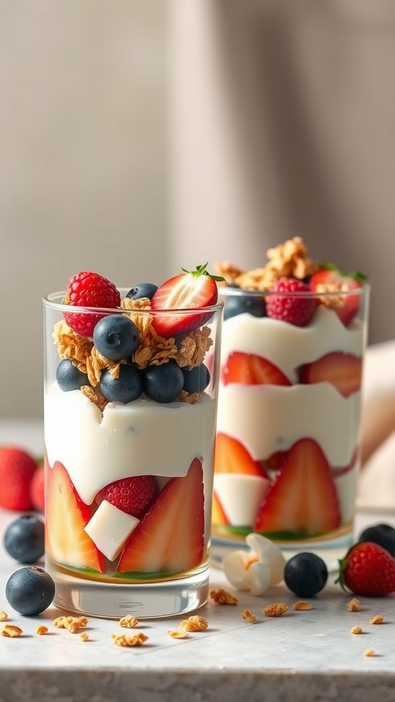 Two fruit and yogurt parfaits layered with strawberries, blueberries, raspberries, and granola.