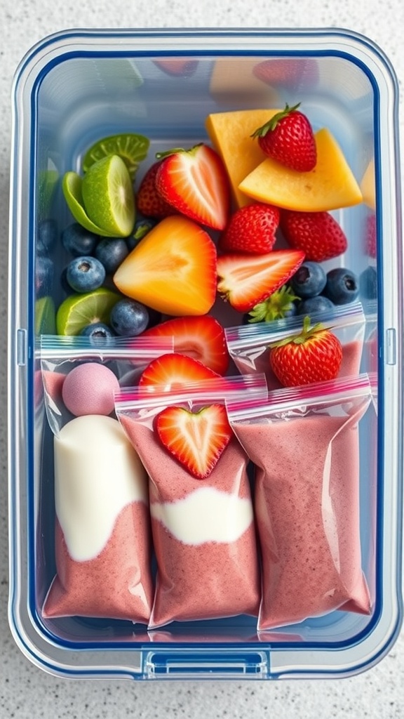 Colorful fruit and yogurt smoothie packs in a container with fresh fruits.