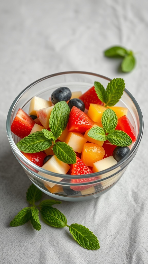 A colorful fruit salad with strawberries, blueberries, cantaloupe, and honeydew, garnished with fresh mint leaves.