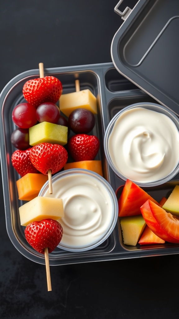 Colorful fruit skewers with a yogurt dip in a lunchbox.