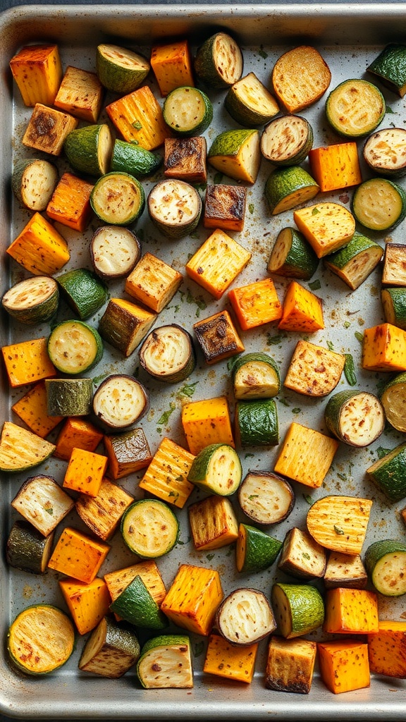 A tray of colorful roasted vegetables including zucchini, yellow squash, and bell pepper, seasoned with garlic and herbs.