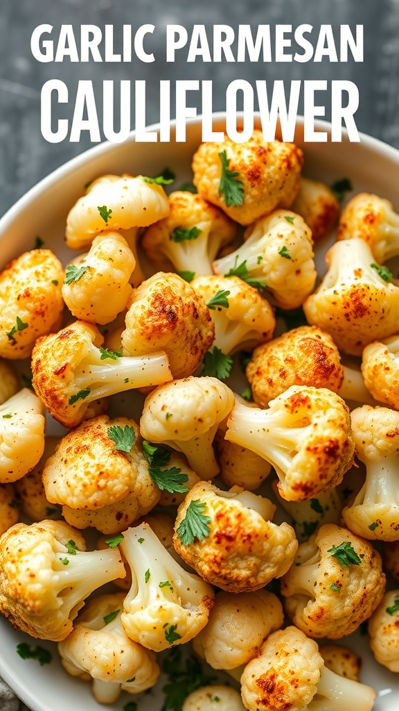 A bowl of garlic parmesan roasted cauliflower with a sprinkle of parsley.
