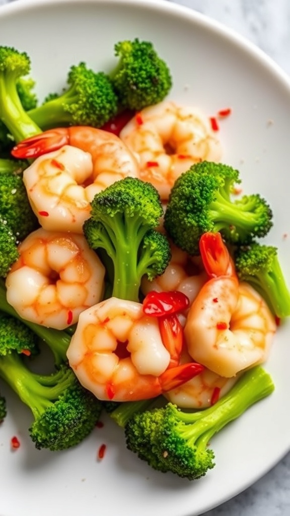 A plate of garlic shrimp and broccoli with red chili peppers