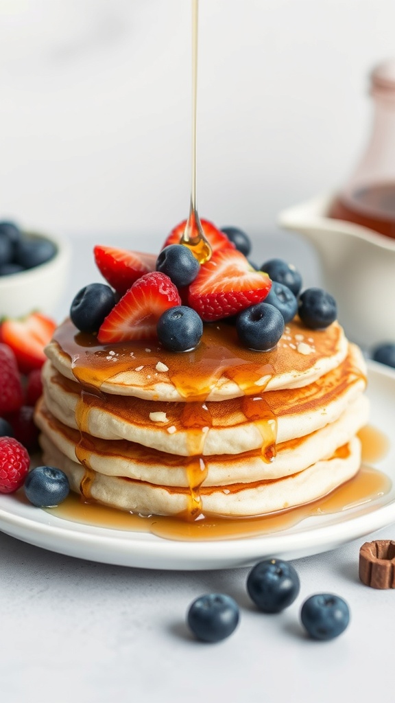 A stack of gluten-free pancakes topped with strawberries and blueberries, drizzled with syrup.