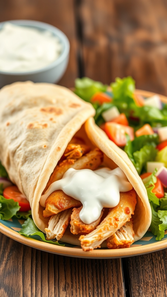 A plate of Greek chicken gyros with tzatziki sauce and a fresh salad.