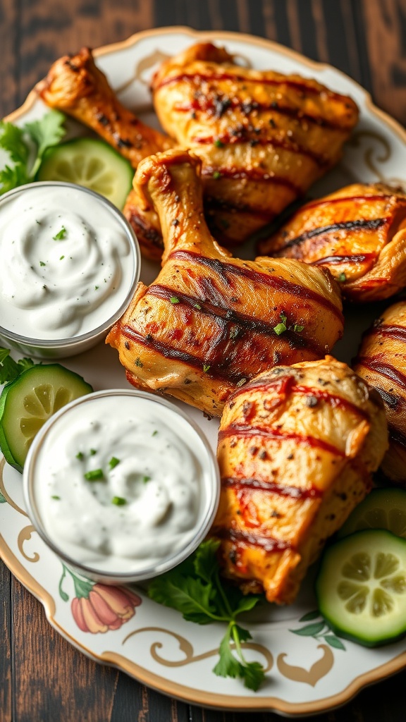 Grilled Greek chicken served with tzatziki sauce and cucumber slices