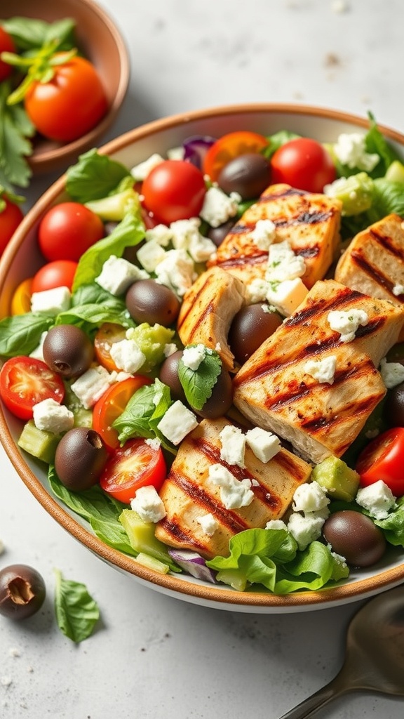 A vibrant Greek salad with grilled chicken, featuring cherry tomatoes, cucumbers, olives, and feta cheese.