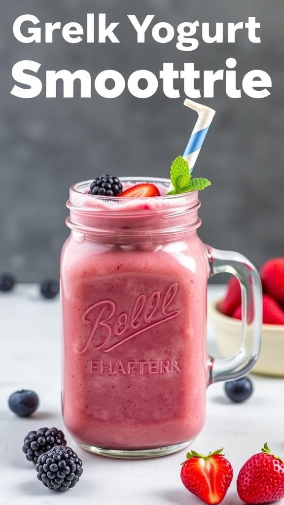 A refreshing Greek yogurt and berry smoothie in a mason jar, garnished with fresh berries and a mint leaf.