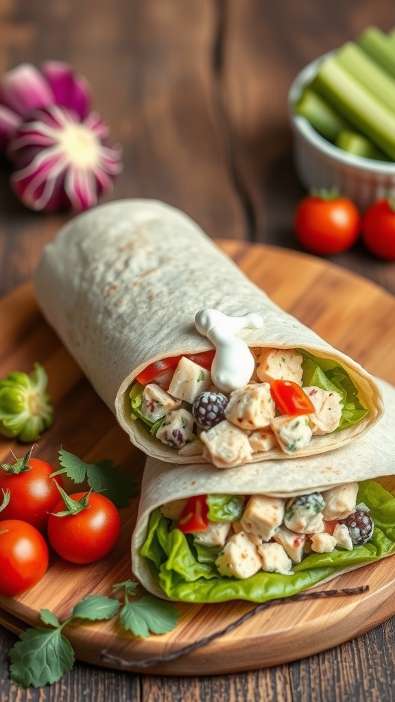 A delicious Greek yogurt and chicken salad wrap on a wooden board with fresh tomatoes and herbs.