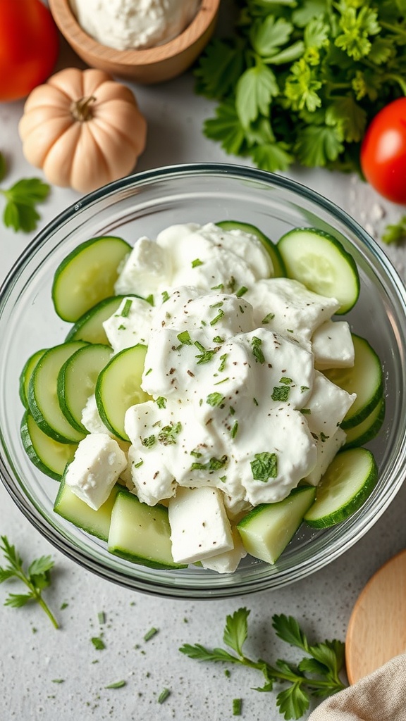 A bowl of Greek yogurt and cucumber salad with feta cheese and fresh herbs.