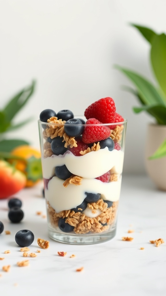 A delicious Greek yogurt parfait with layers of yogurt, granola, and fresh berries.