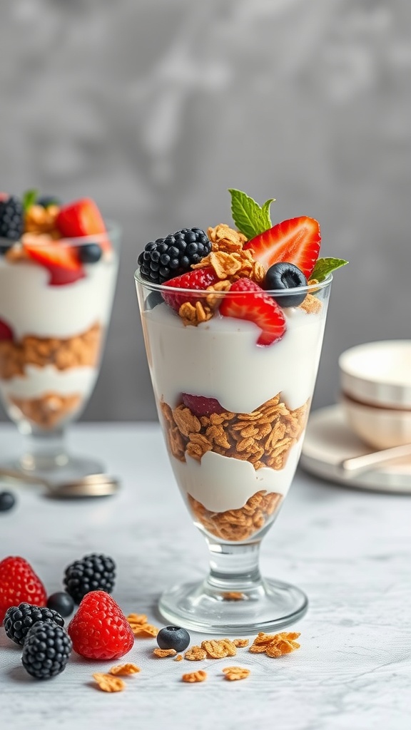A delicious Greek yogurt parfait with layers of yogurt, granola, and fresh berries.