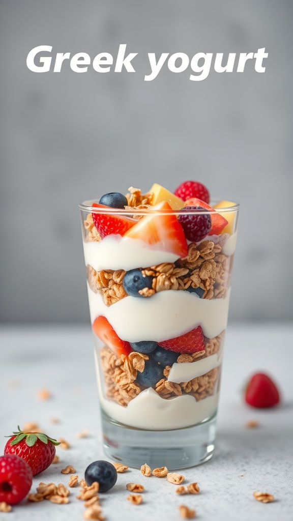 A delicious Greek yogurt parfait with layers of yogurt, granola, and fresh berries.