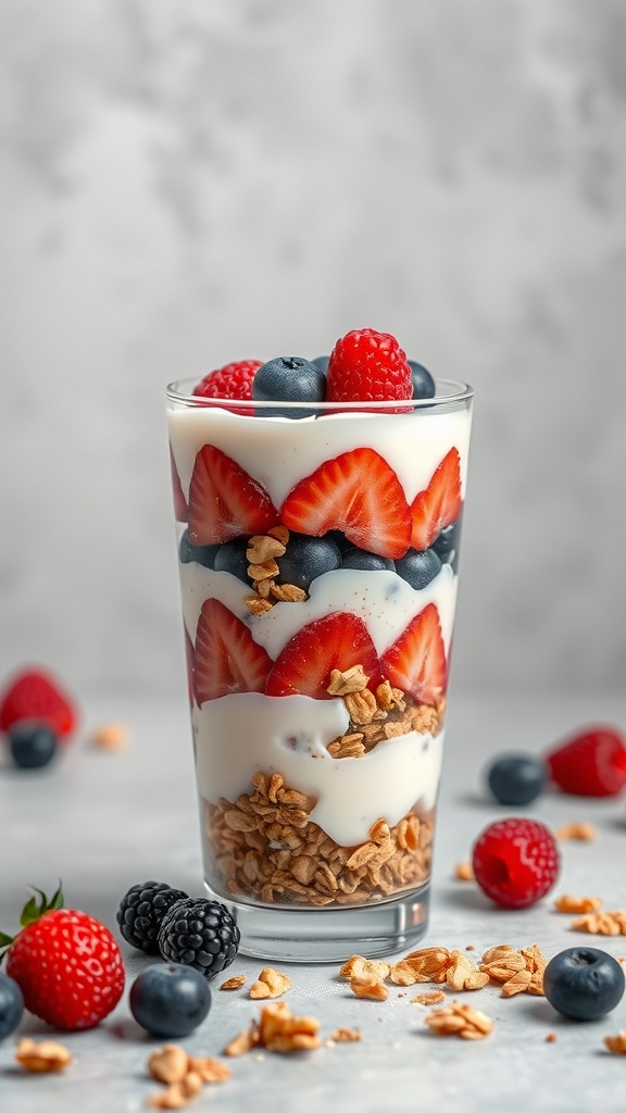 A delicious Greek yogurt parfait with layers of yogurt, granola, and mixed berries.