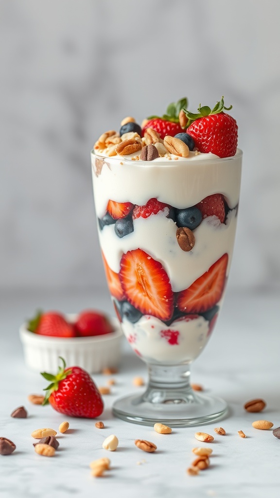 A delicious Greek yogurt parfait layered with strawberries, blueberries, and nuts in a glass.