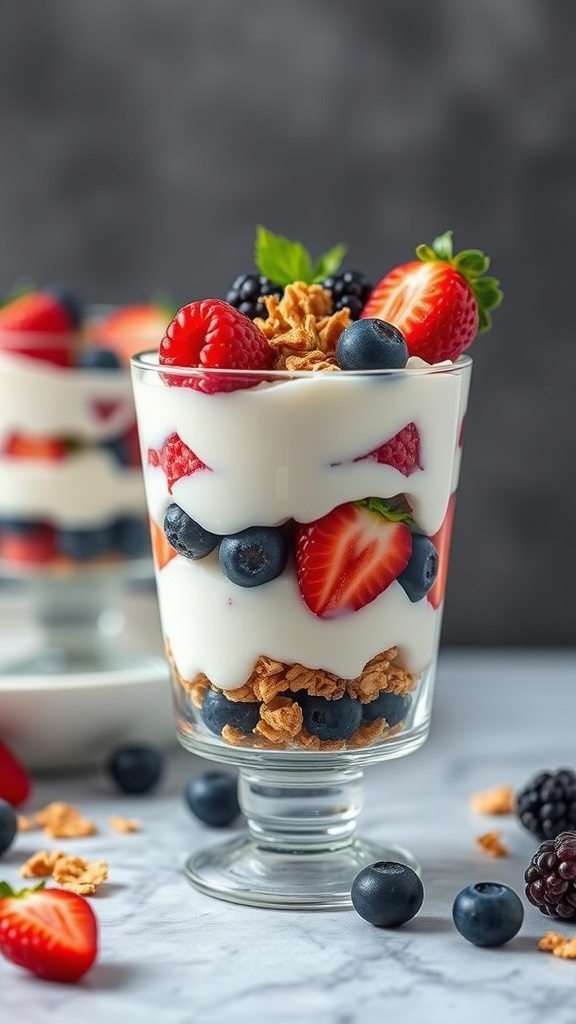 A delicious Greek yogurt parfait layered with fresh berries and granola in a clear glass.